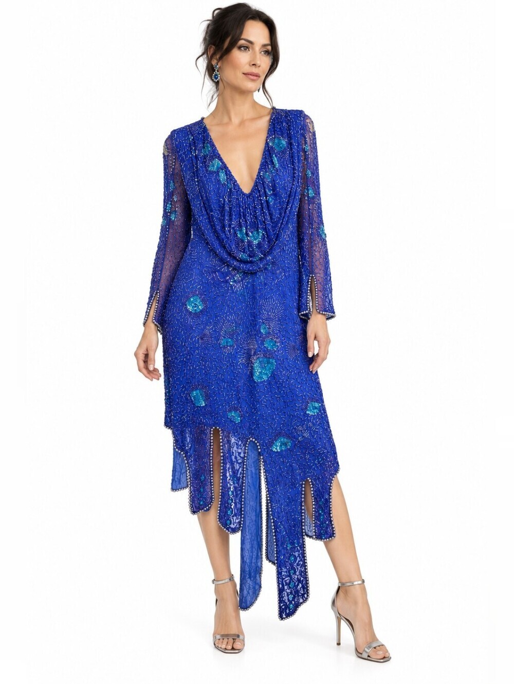 Vintage 80s 90s Royal Blue Beaded Sequin Handkerchief Hem Dress Medium